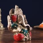 Pure Brass Lord Ganesha | 5" x 4" x 2.5" | 0.8 kg | Stone Inlay Work | Portable Sacred Art | Perfect Gift Size | Jaipurio